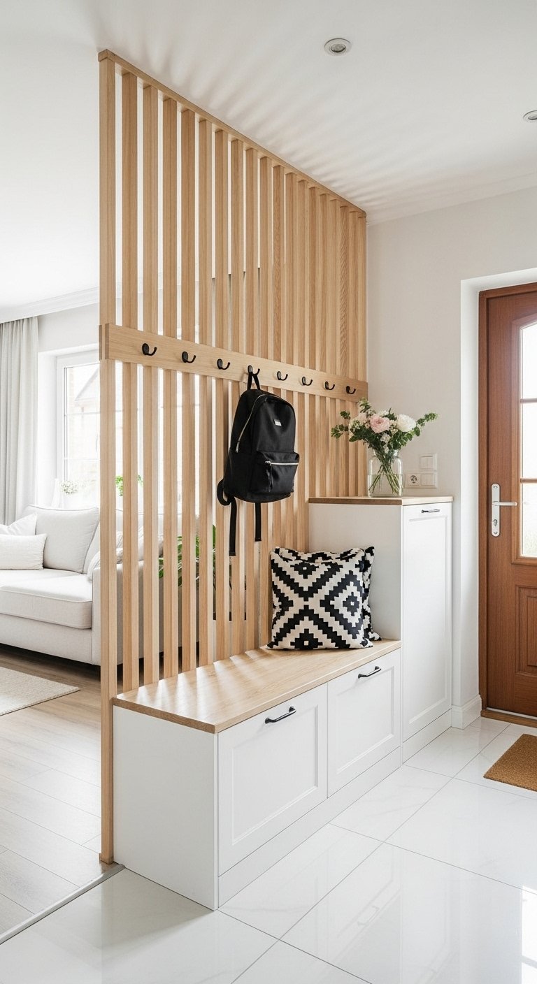 Separation entree salon avec claustra en bois clair et banc de rangement blanc