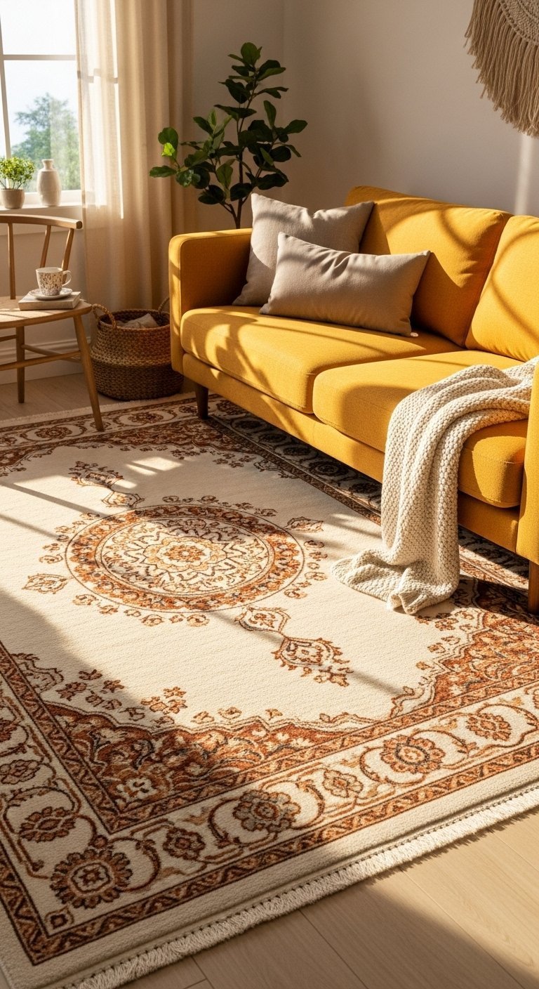 Tapis de style oriental dans les tons chauds devant un canapé jaune ocre