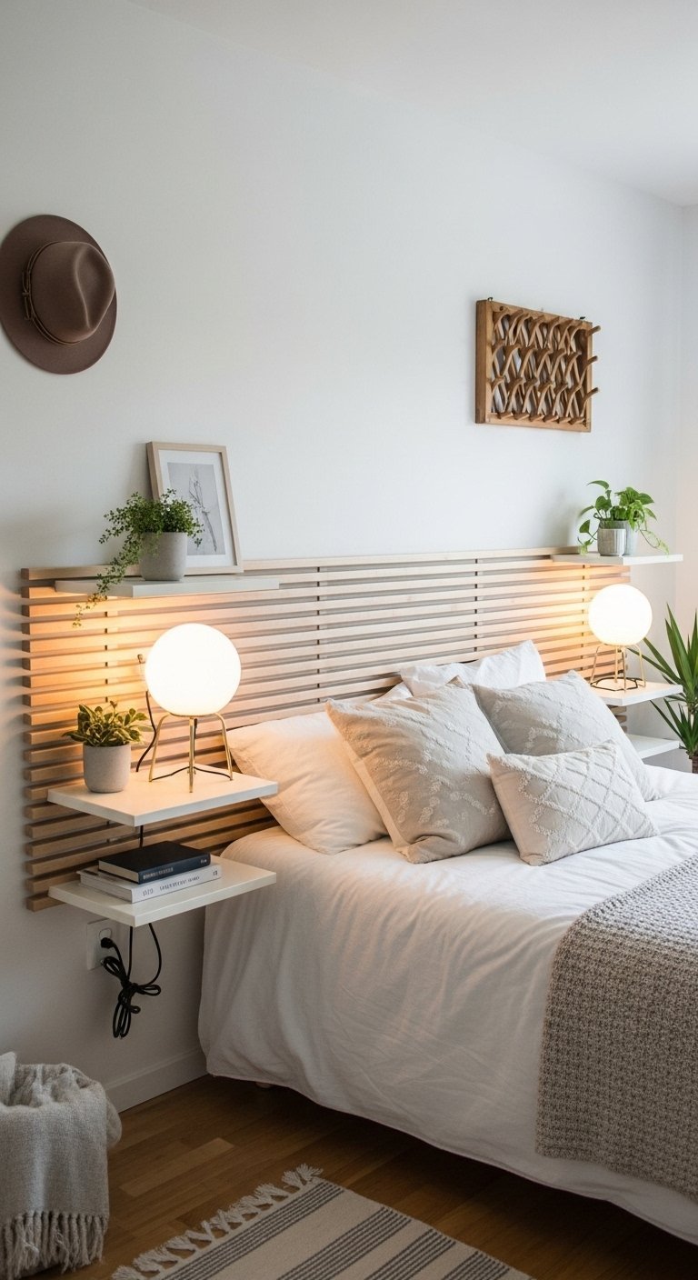 Tete de lit a lattes en bois clair avec etageres et lampes design