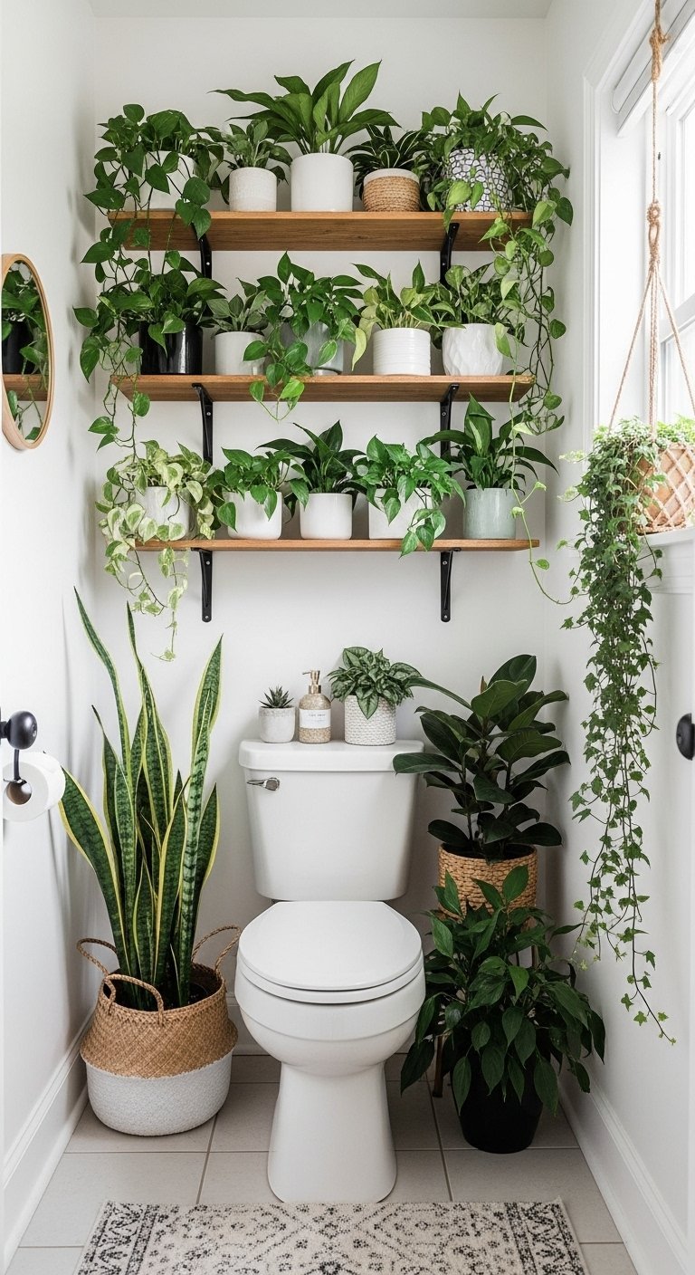 Toilettes decorees avec de nombreuses plantes vertes sur des etageres