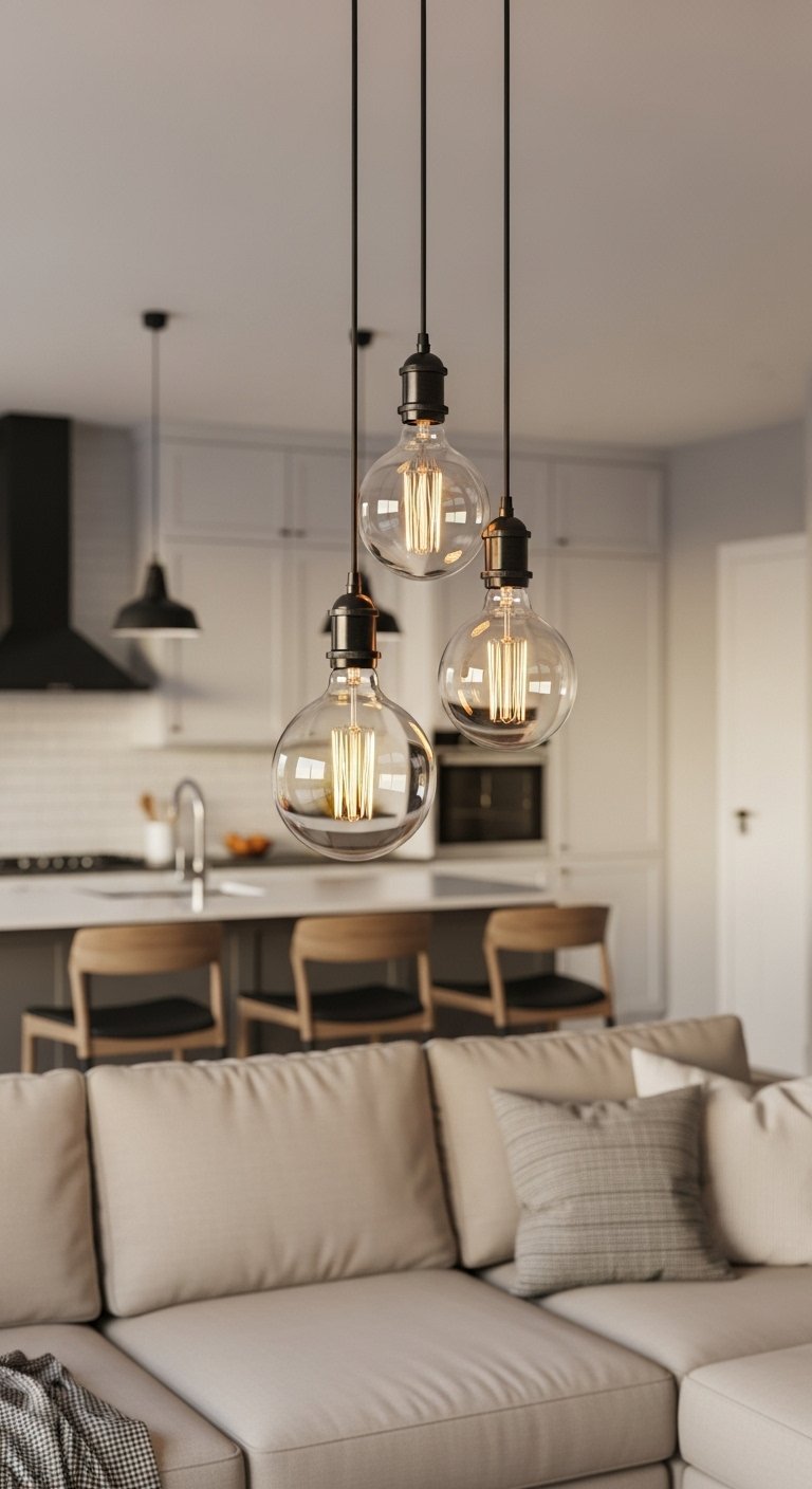 Trois grandes ampoules globe Edison comme suspension de salon