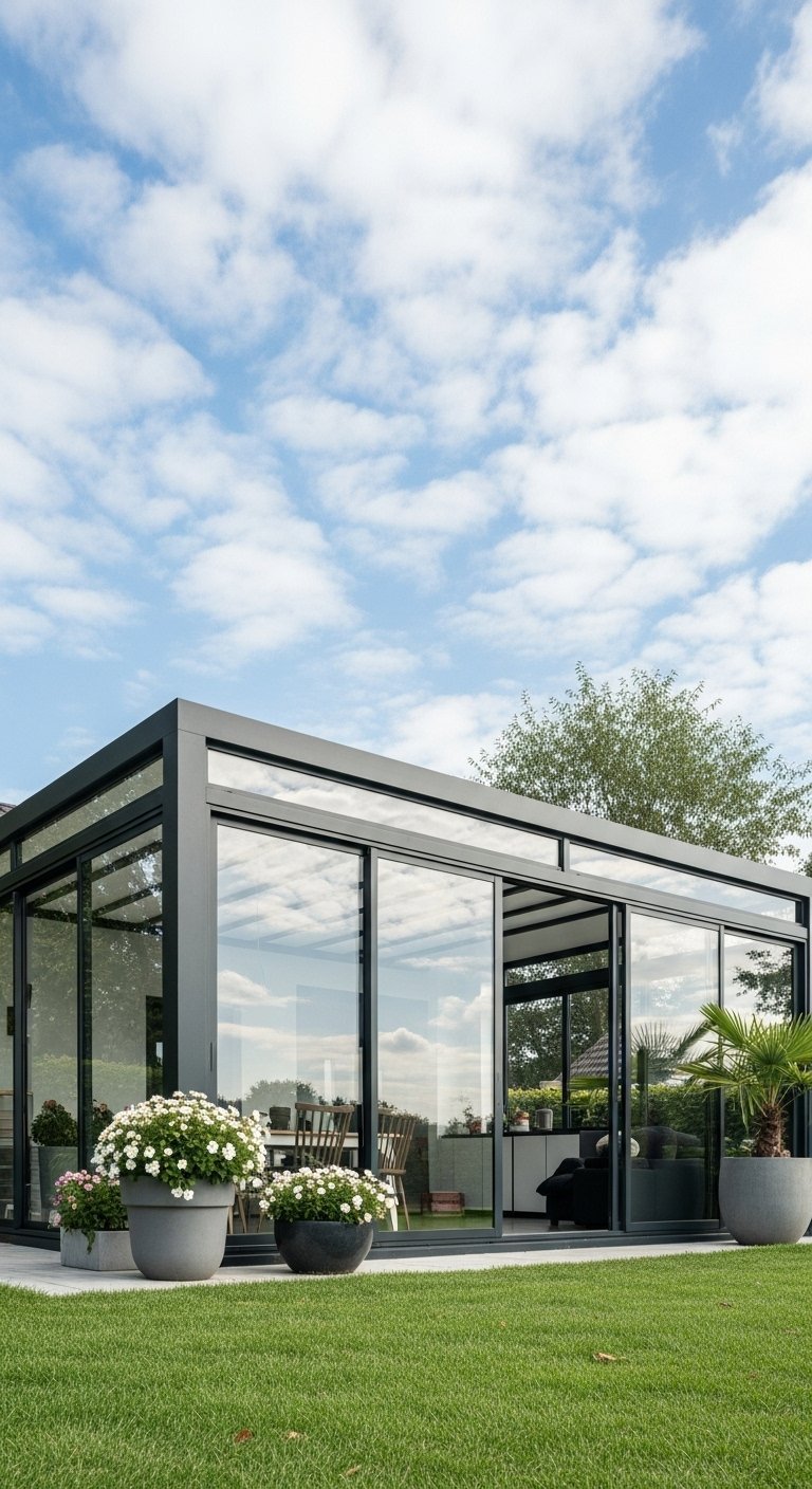 Véranda contemporaine avec profilés gris et grandes portes coulissantes