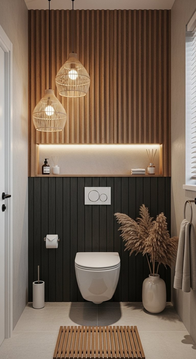WC bohème avec mur en tasseaux de bois bicolores et suspensions en rotin