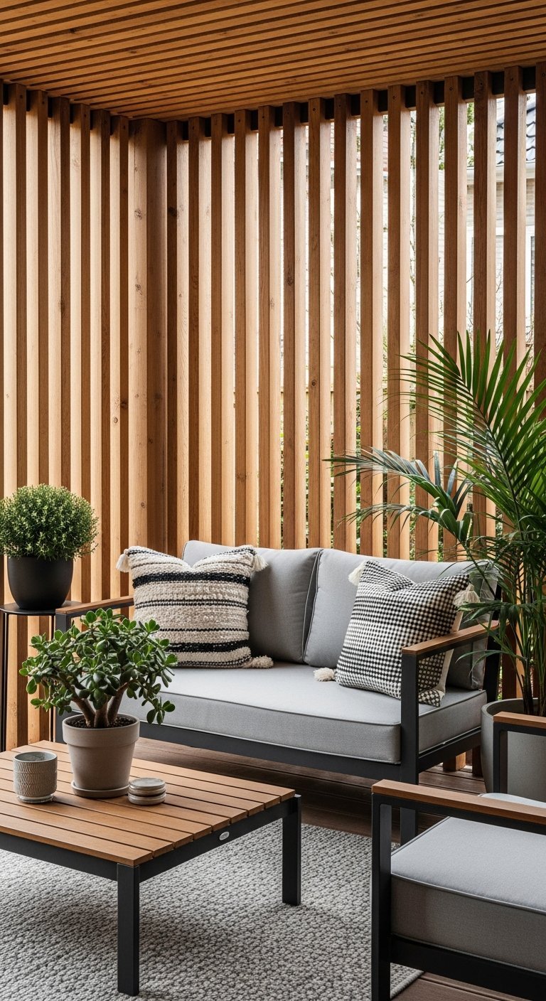 Brise vue terrasse en lattes de bois verticales avec canape gris et plantes