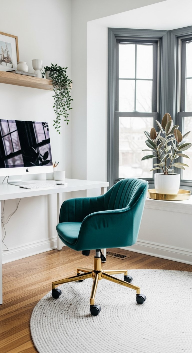 Bureau de travail à la maison blanc avec chaise verte devant baie vitrée
