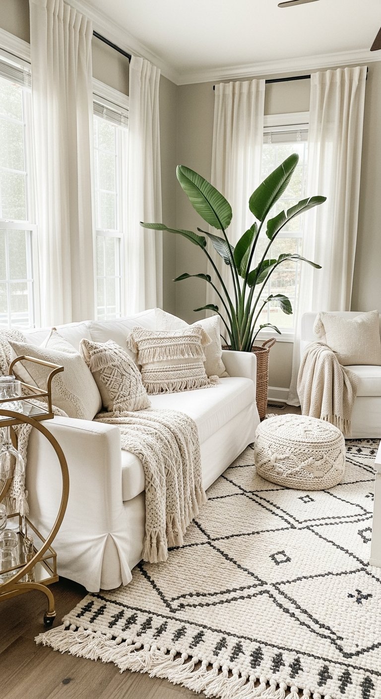 Canapé blanc avec coussins macramé et grande plante verte