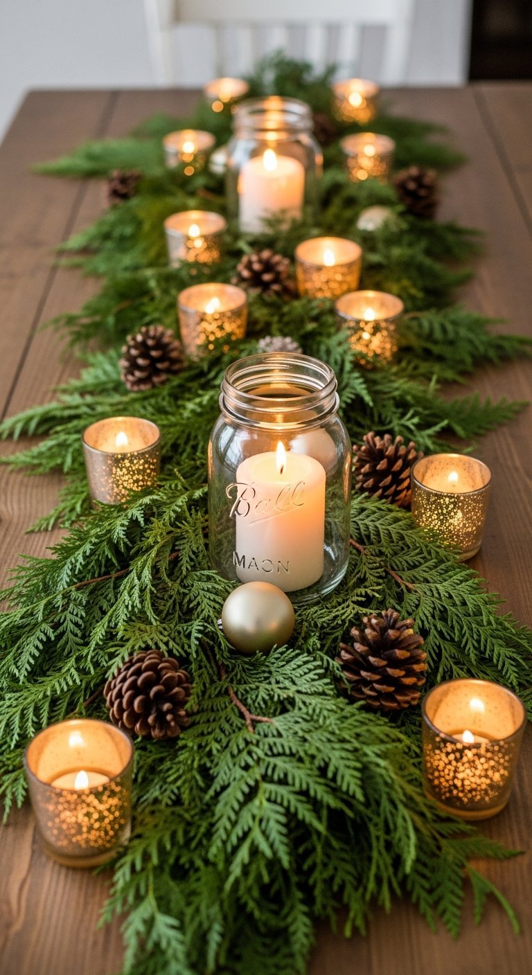 Centre de table noel naturel avec guirlande de sapin et bougies