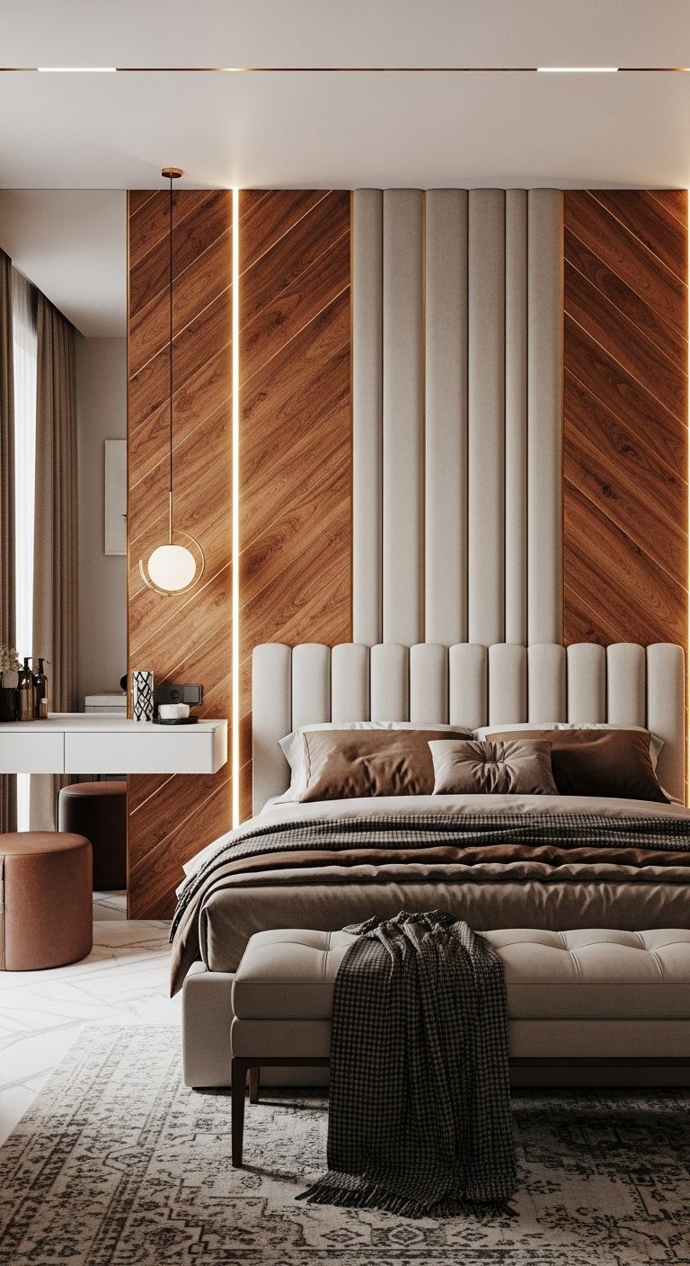 Chambre luxe moderne avec tete de lit en bois et tissu beige et eclairage integre