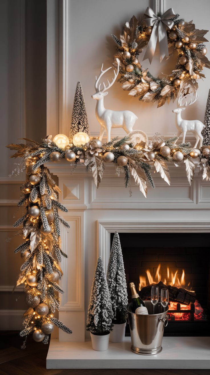 Cheminee blanche avec guirlande or et argent et rennes blancs