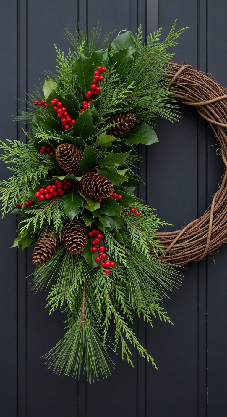 Couronne de Noel moderne asymetrique avec houx et pommes de pin sur porte foncee