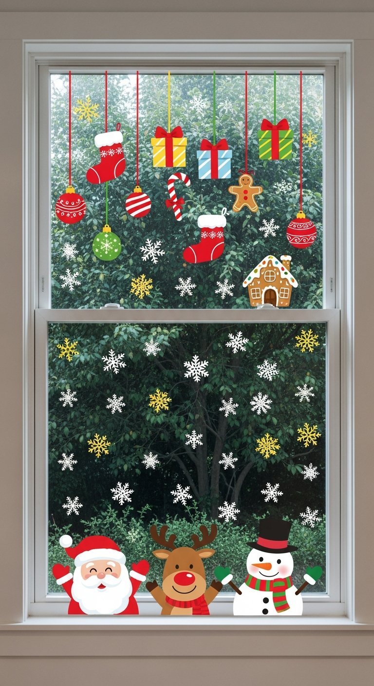 Déco fenêtre Noël avec autocollants Père Noël renne et bonhomme de neige
