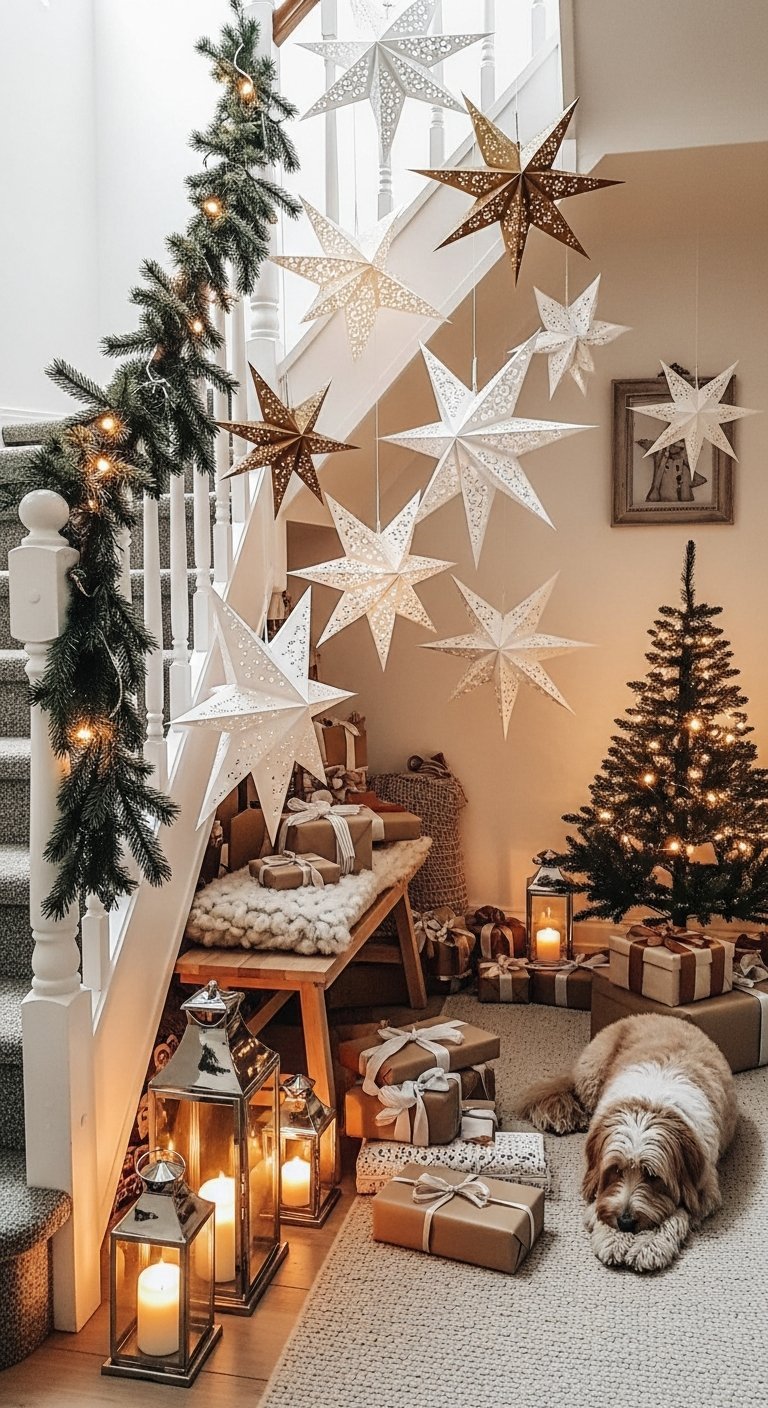 Décoration escalier noël avec étoiles en papier suspendues et chien