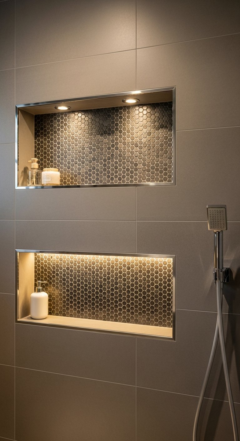 Double niche de douche eclairee avec carrelage mosaique