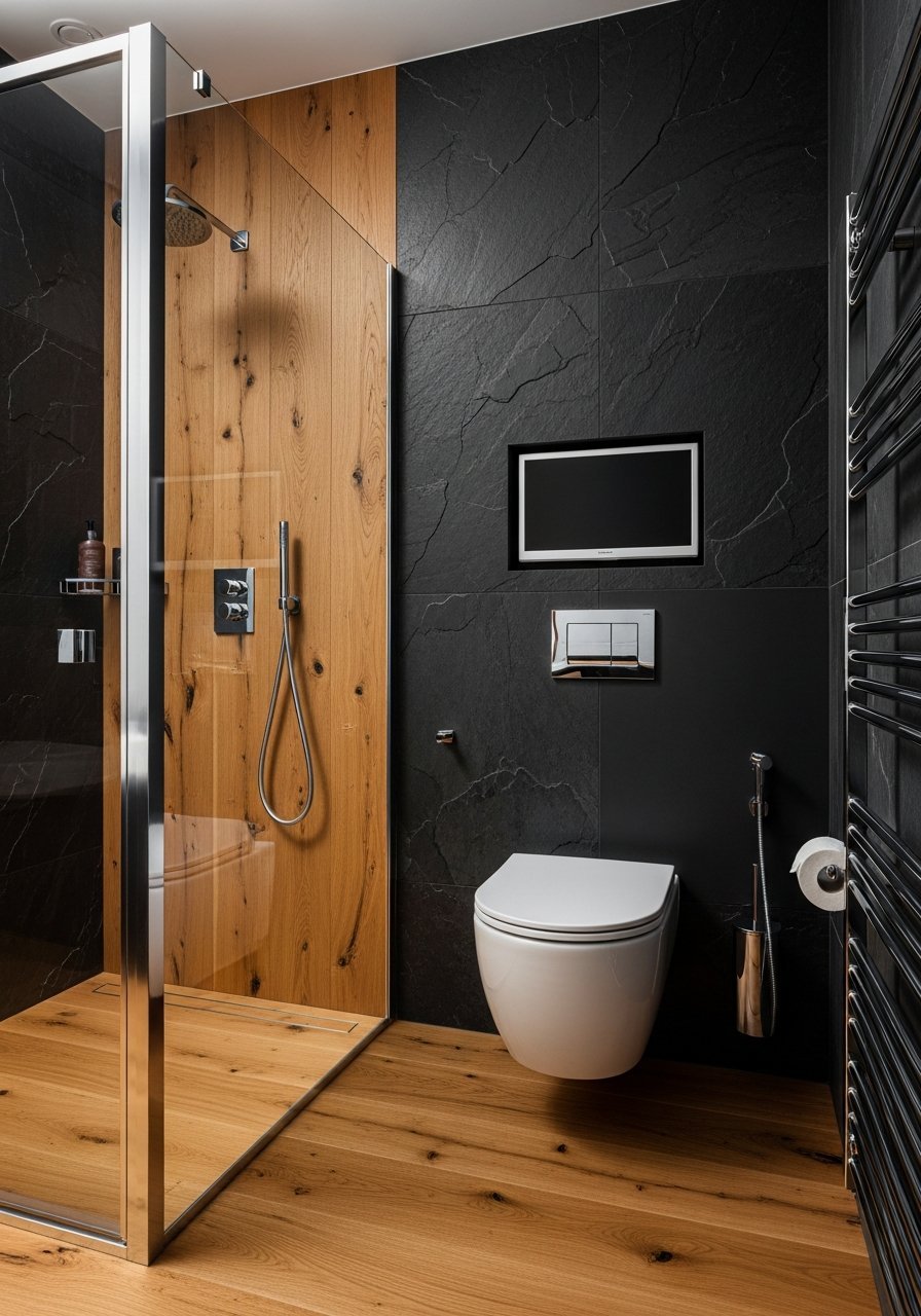 Douche ardoise noire bois avec ecran tv