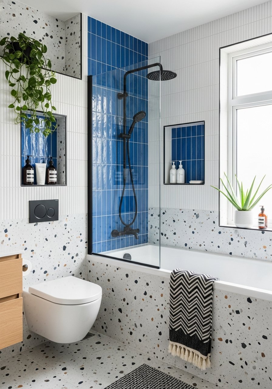 Douche bleu et terrazzo