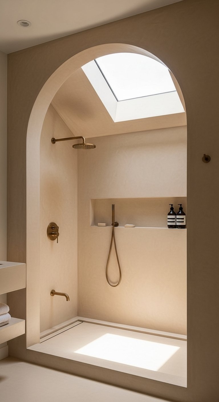 Douche voutee en beton cire beige avec puits de lumiere et robinetterie laiton