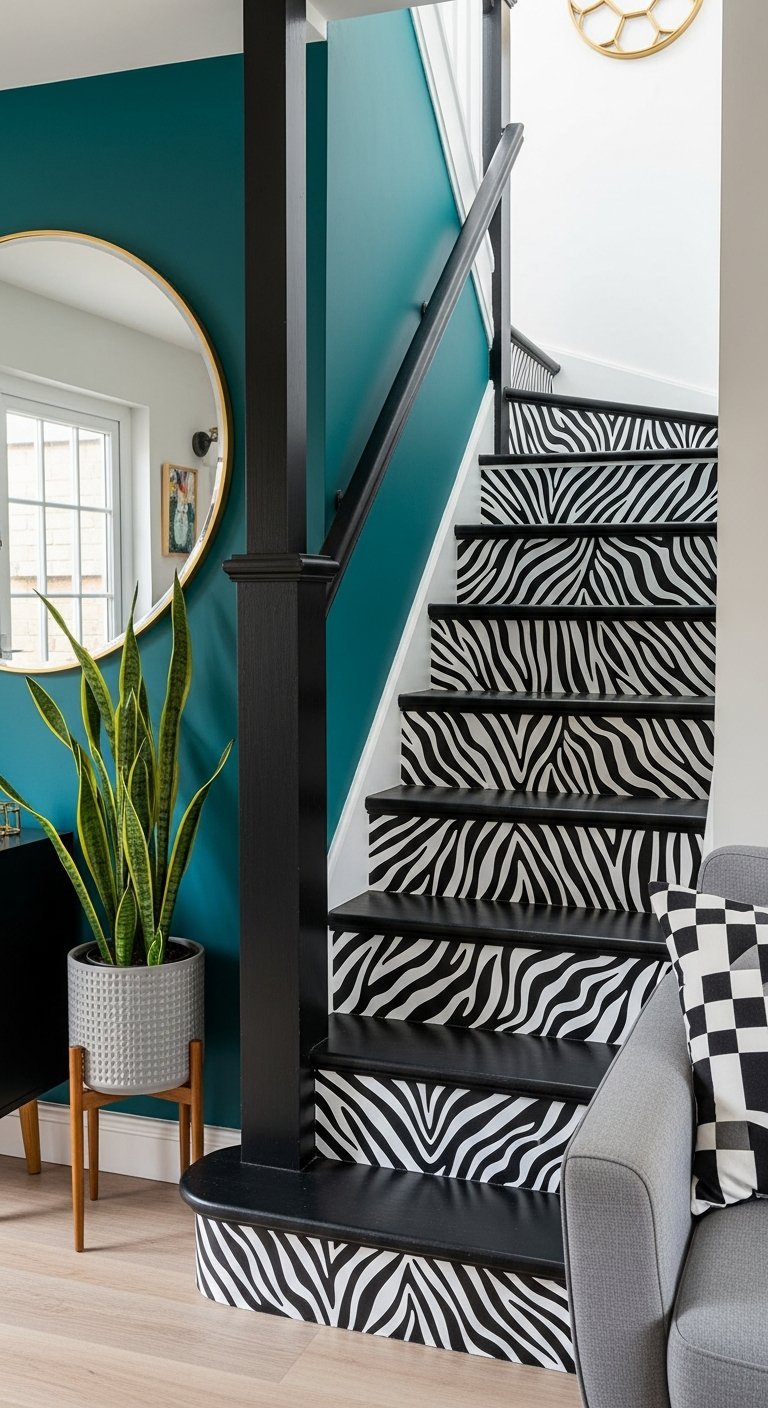 Escalier moderne avec des motifs zébrés noir et blanc peints sur les marches et contremarches