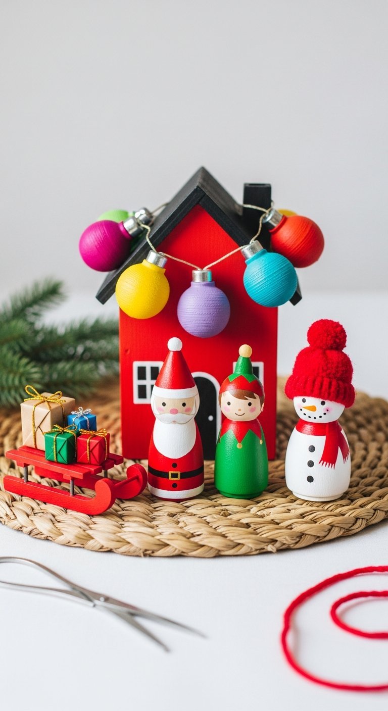 Figurines de noel en bois peintes a la main avec maison rouge