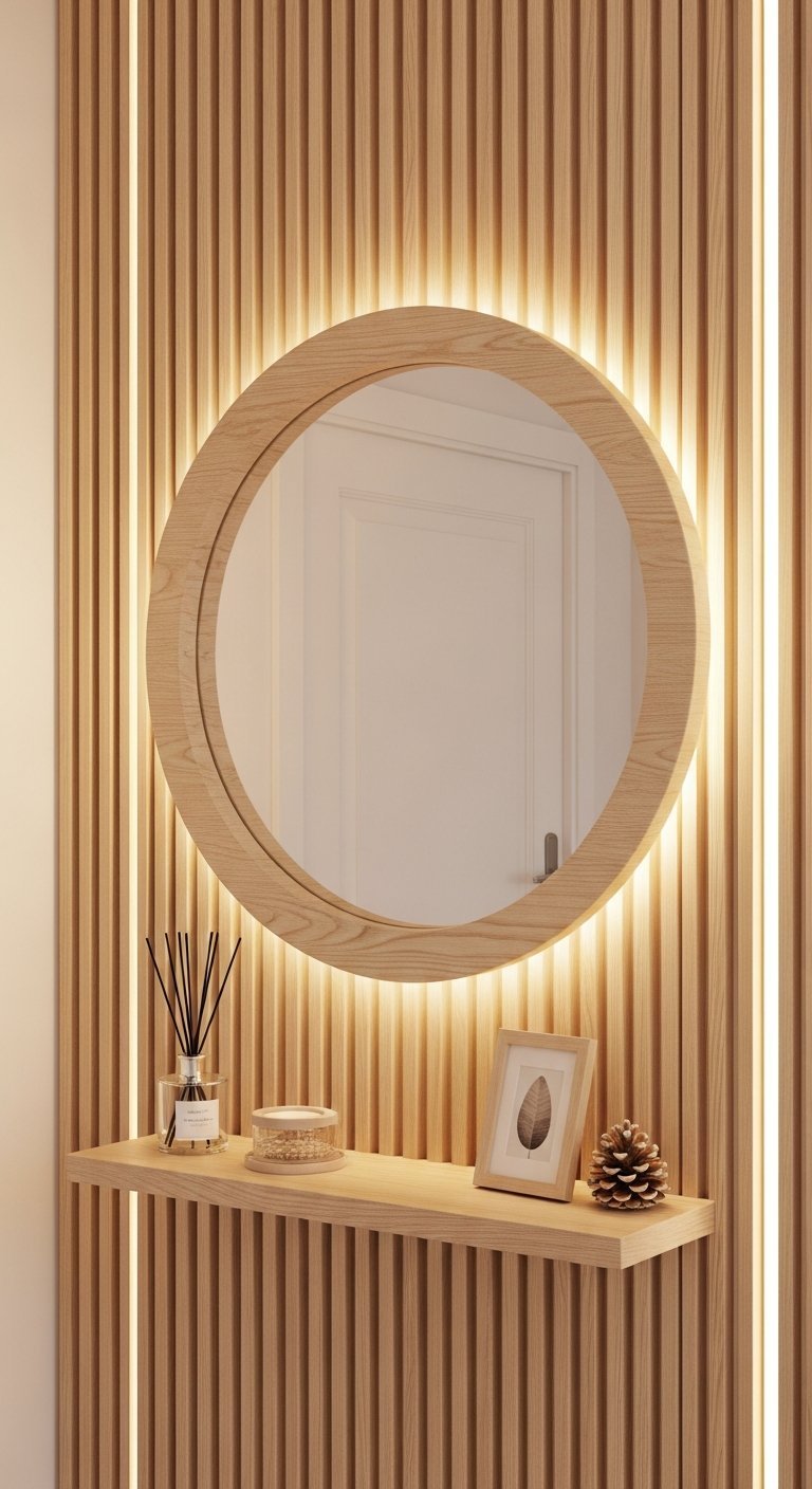 Miroir rond rétroéclairé sur un mur de tasseaux en bois avec étagère
