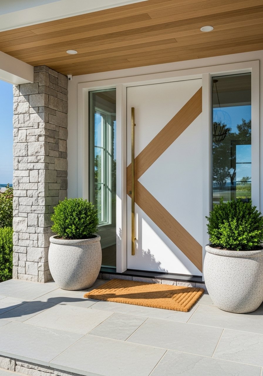 Porte entree bois blanc motif chevron