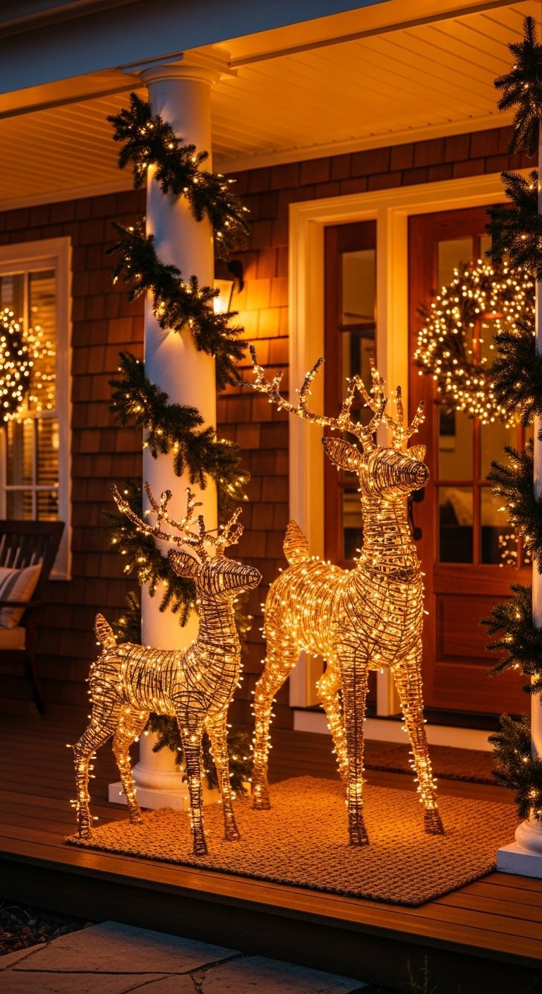 Rennes lumineux sur un porche en bois avec guirlandes