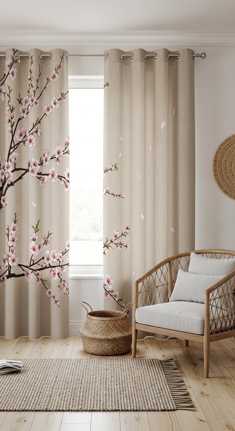 Rideaux de salon beiges avec motif de fleurs de cerisier roses