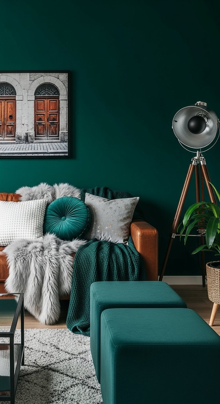Salon avec mur vert fonce canape en cuir brun et poufs en velours vert