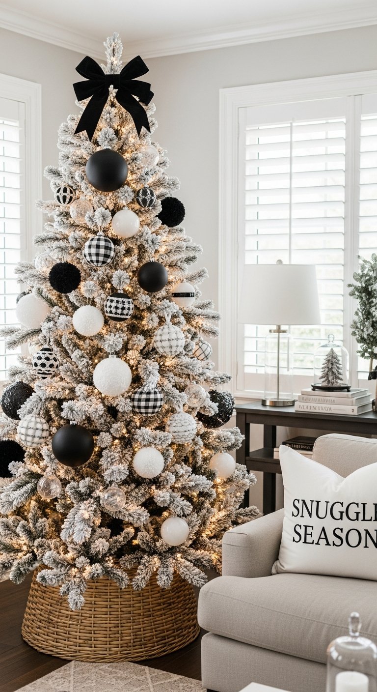 Sapin de Noel floqué avec décorations noires et blanches à carreaux
