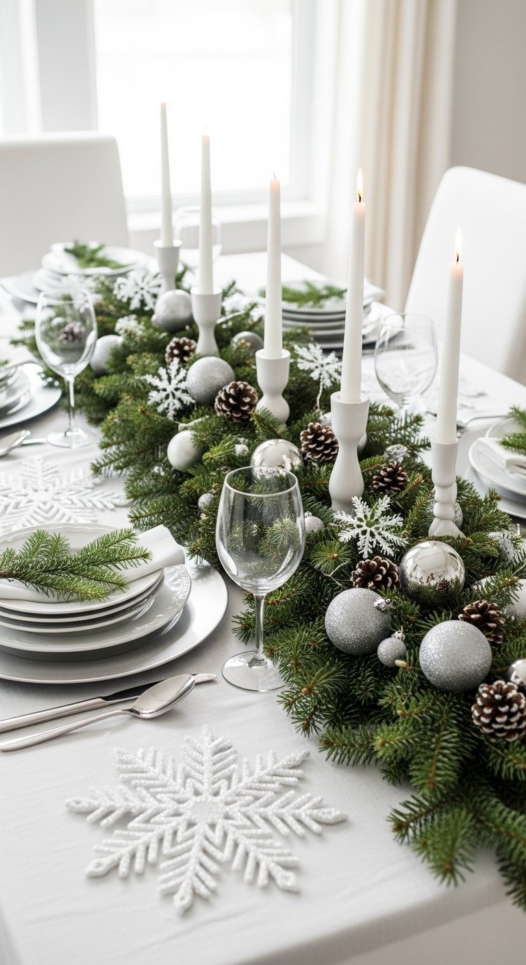 Table de Noel blanche et argentee style scandinave avec verdure et flocons