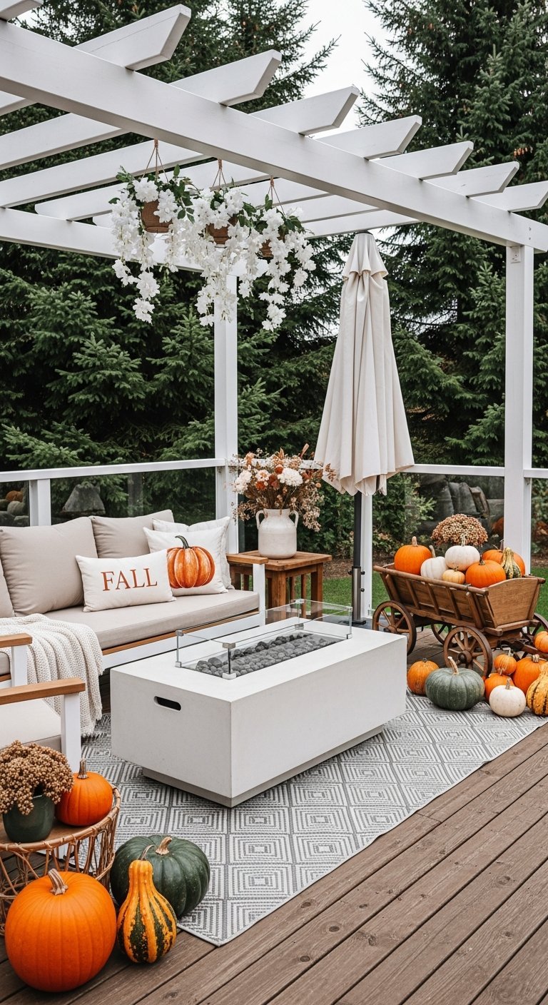 Terrasse automnale avec pergola blanche brasero moderne et canapé beige
