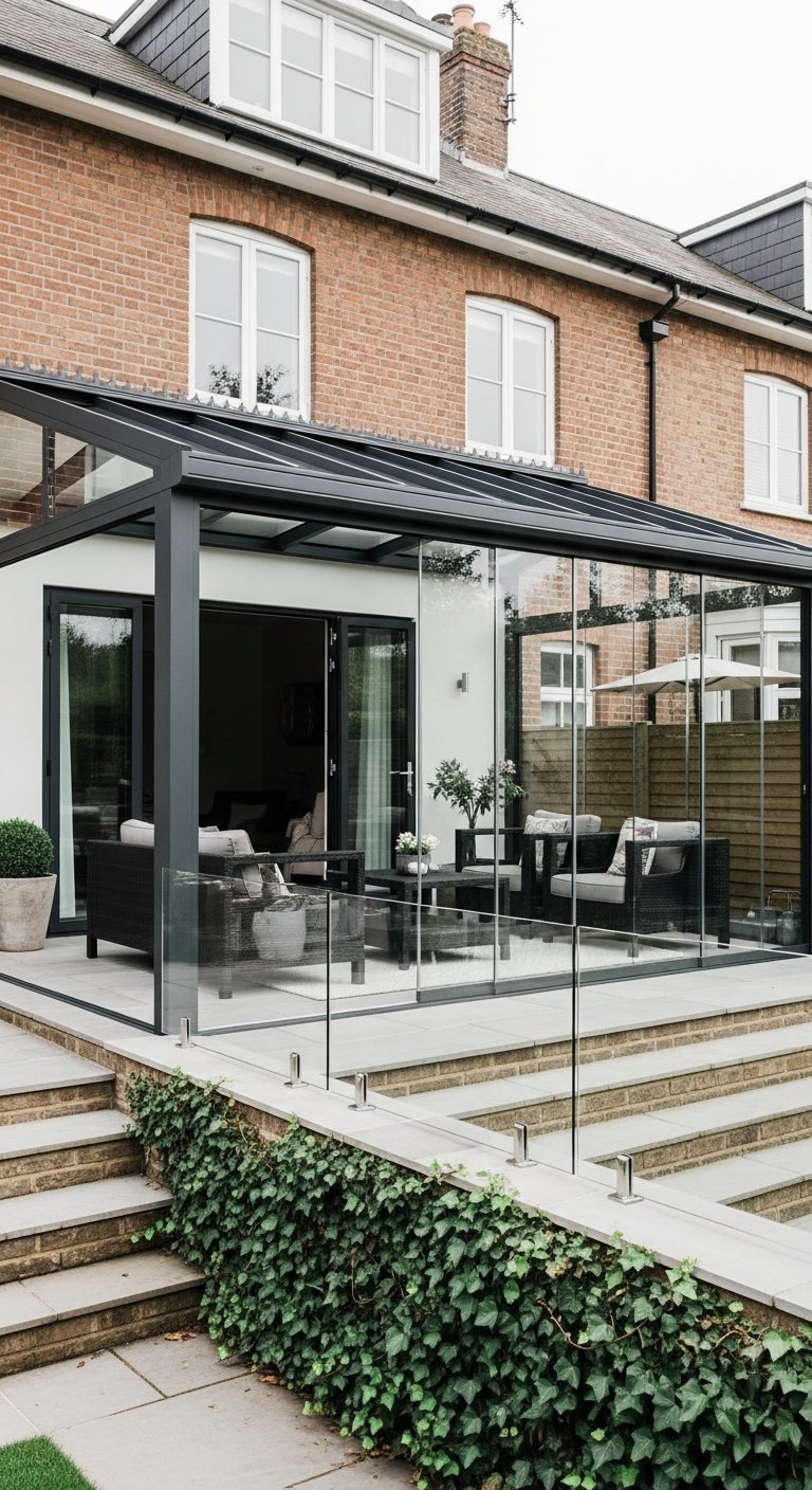 Véranda terrasse vitrée moderne adossée à une maison en briques