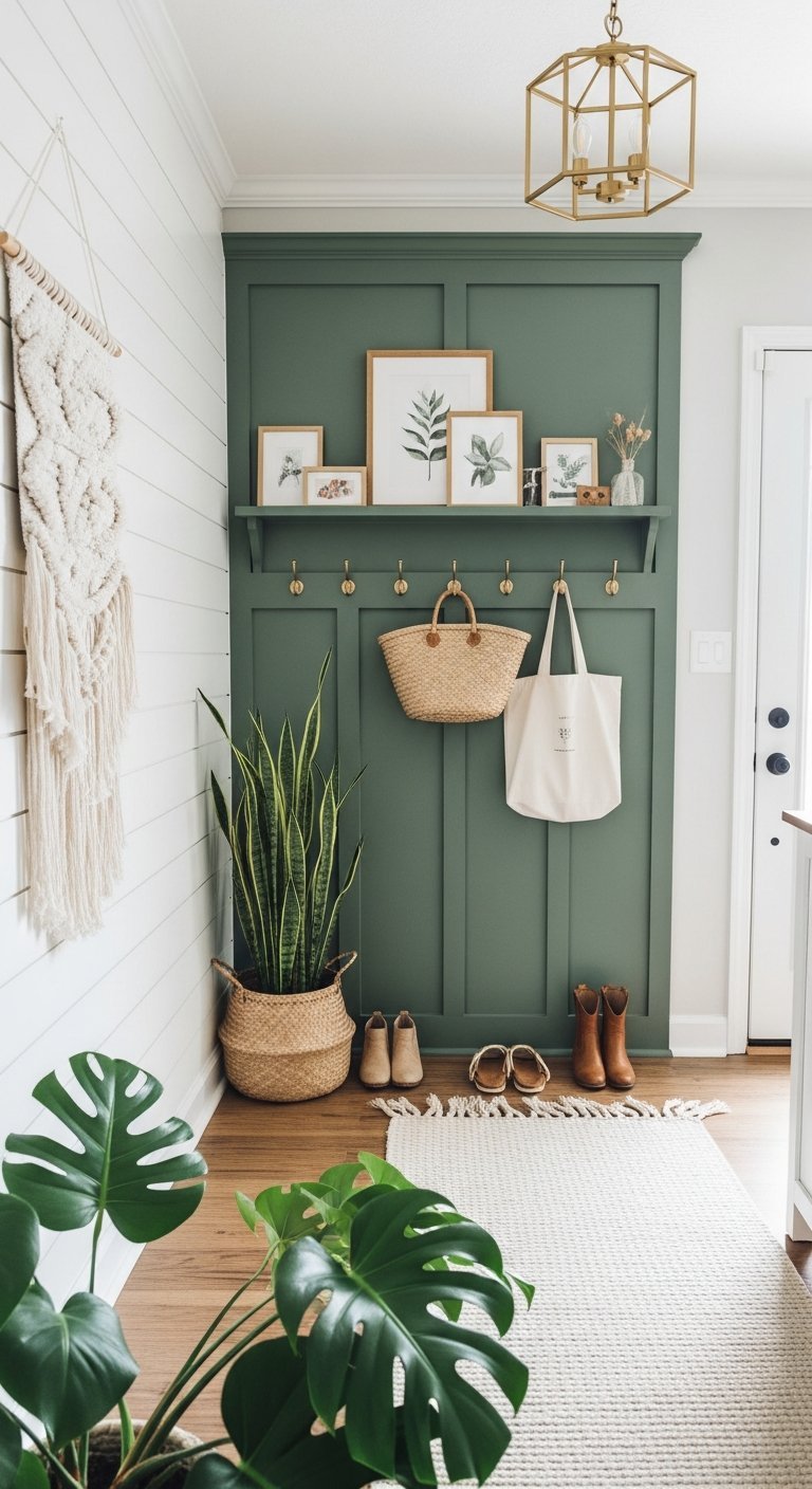 Vestiaire dentree vert sauge avec etageres et crochets