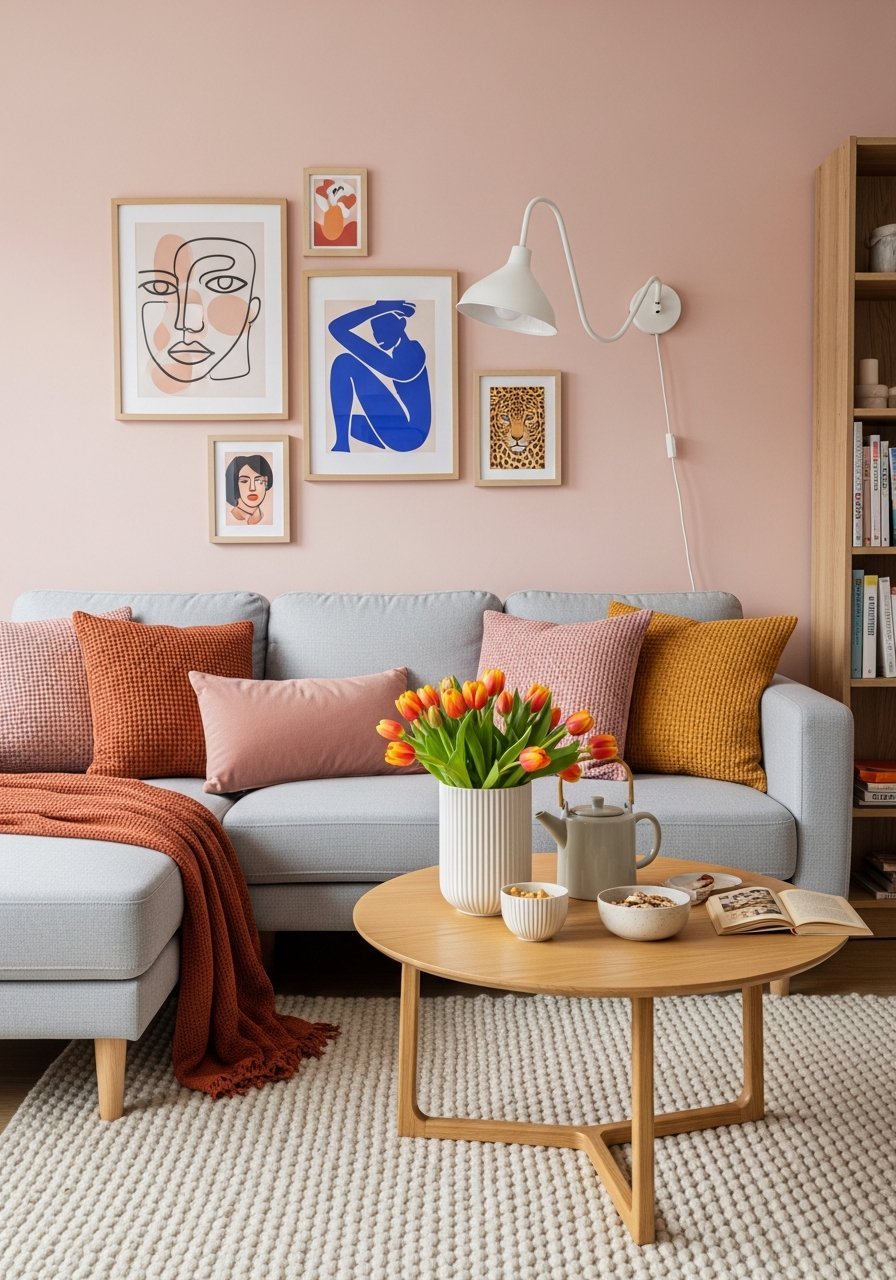 salon rose galerie murale