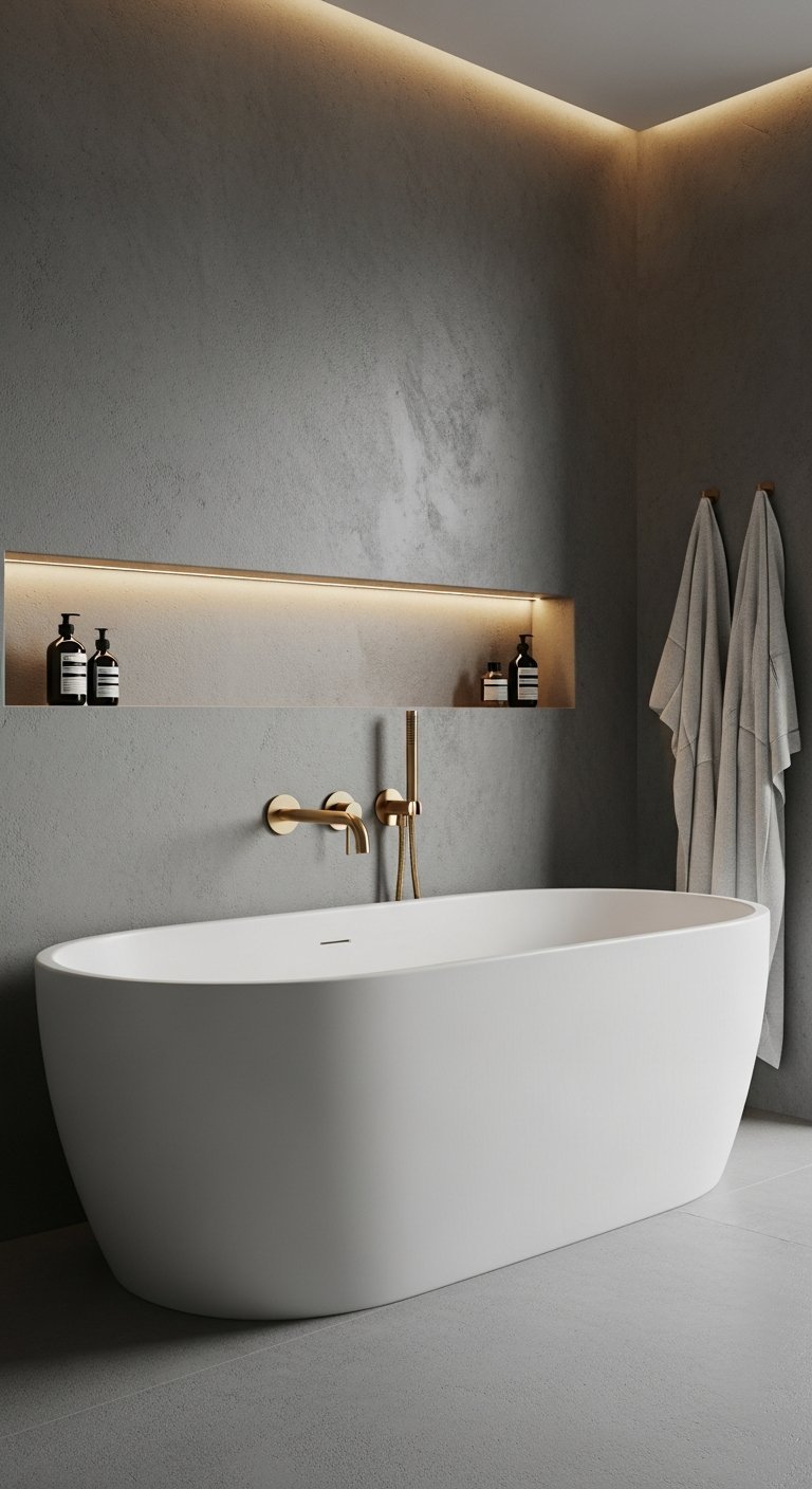 Baignoire ilot blanche devant mur en beton cire gris fonce et niche lumineuse