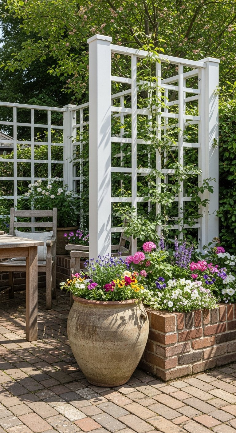 Brise vue terrasse en treillis de bois blanc avec des fleurs et une jardiniere en brique