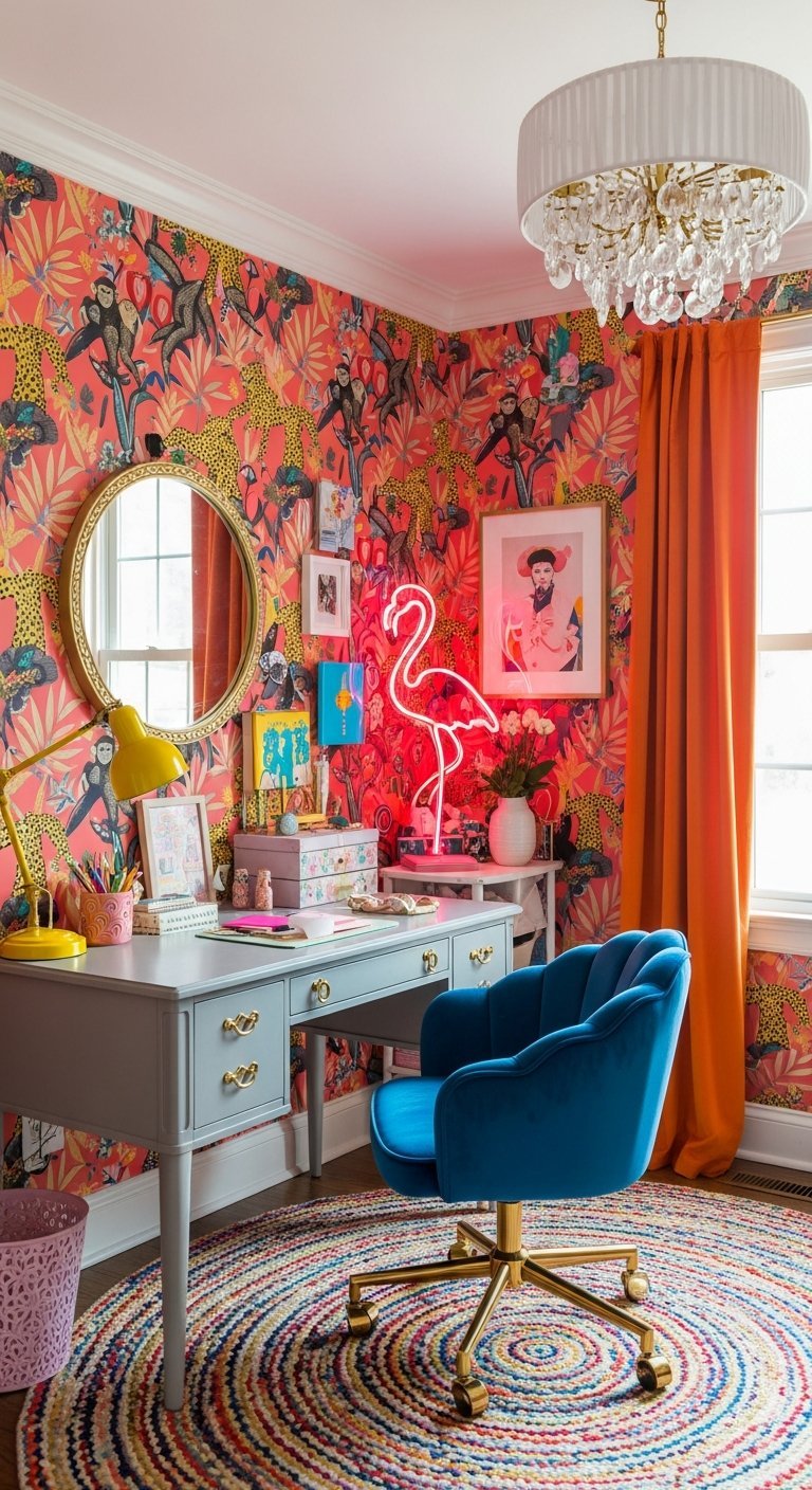 Bureau de travail à la maison coloré papier peint flamant rose