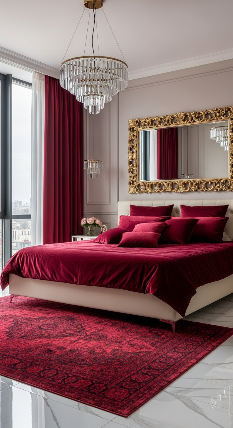 Chambre a coucher luxe avec lit en velours rouge et grand miroir dore
