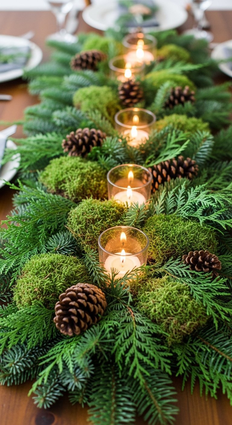 Chemin de table noel naturel avec mousse verte et pommes de pin