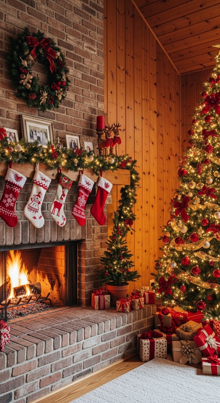 Cheminee en brique rouge avec chaussettes tricotees et sapin de Noel