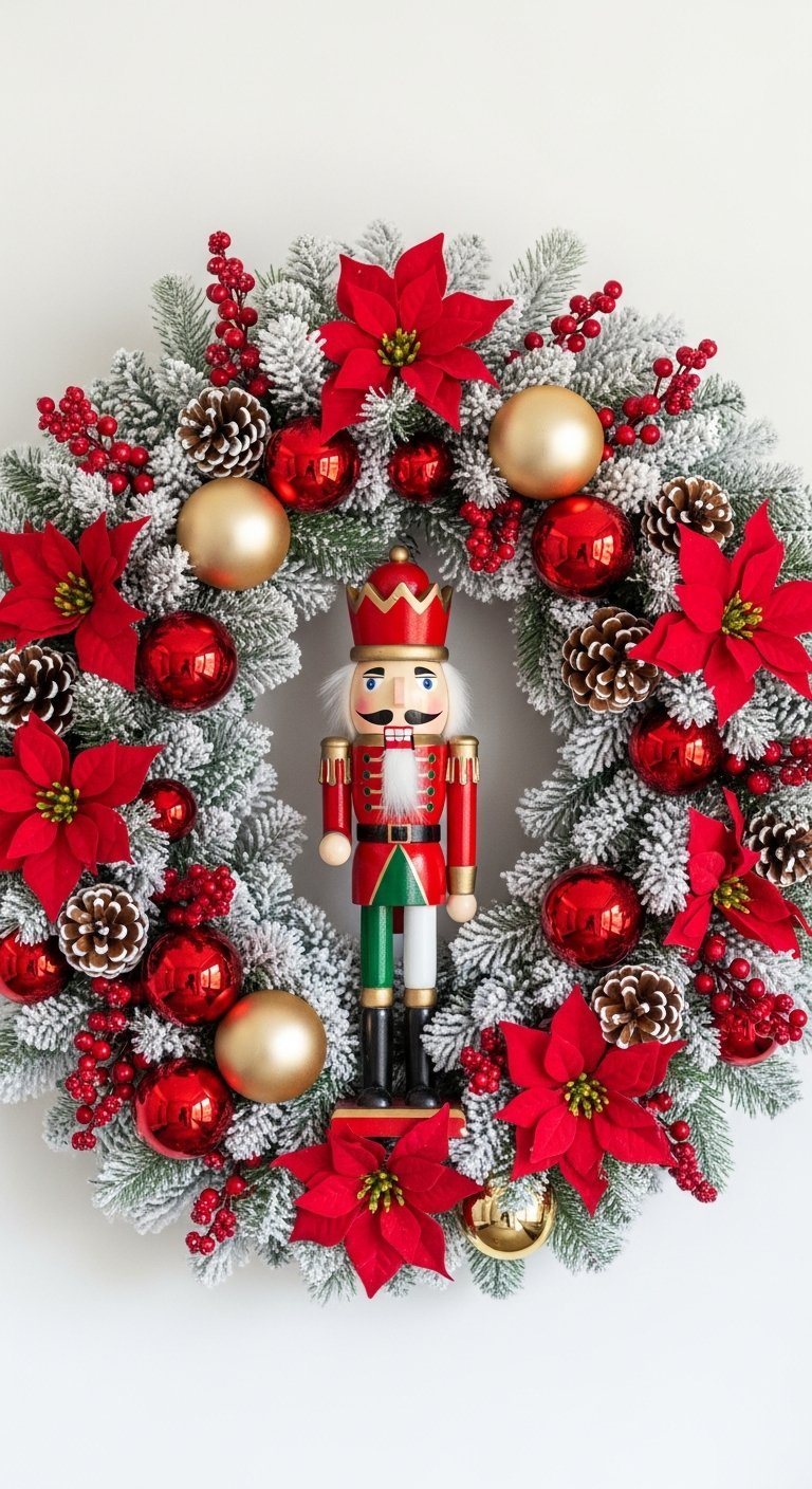 Couronne de Noel moderne floquee de neige avec casse noisette boules rouges et or