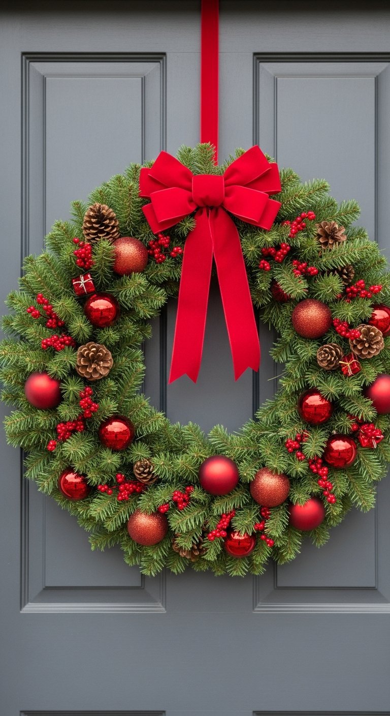 Couronne de Noel traditionnelle avec nœud rouge sur porte grise
