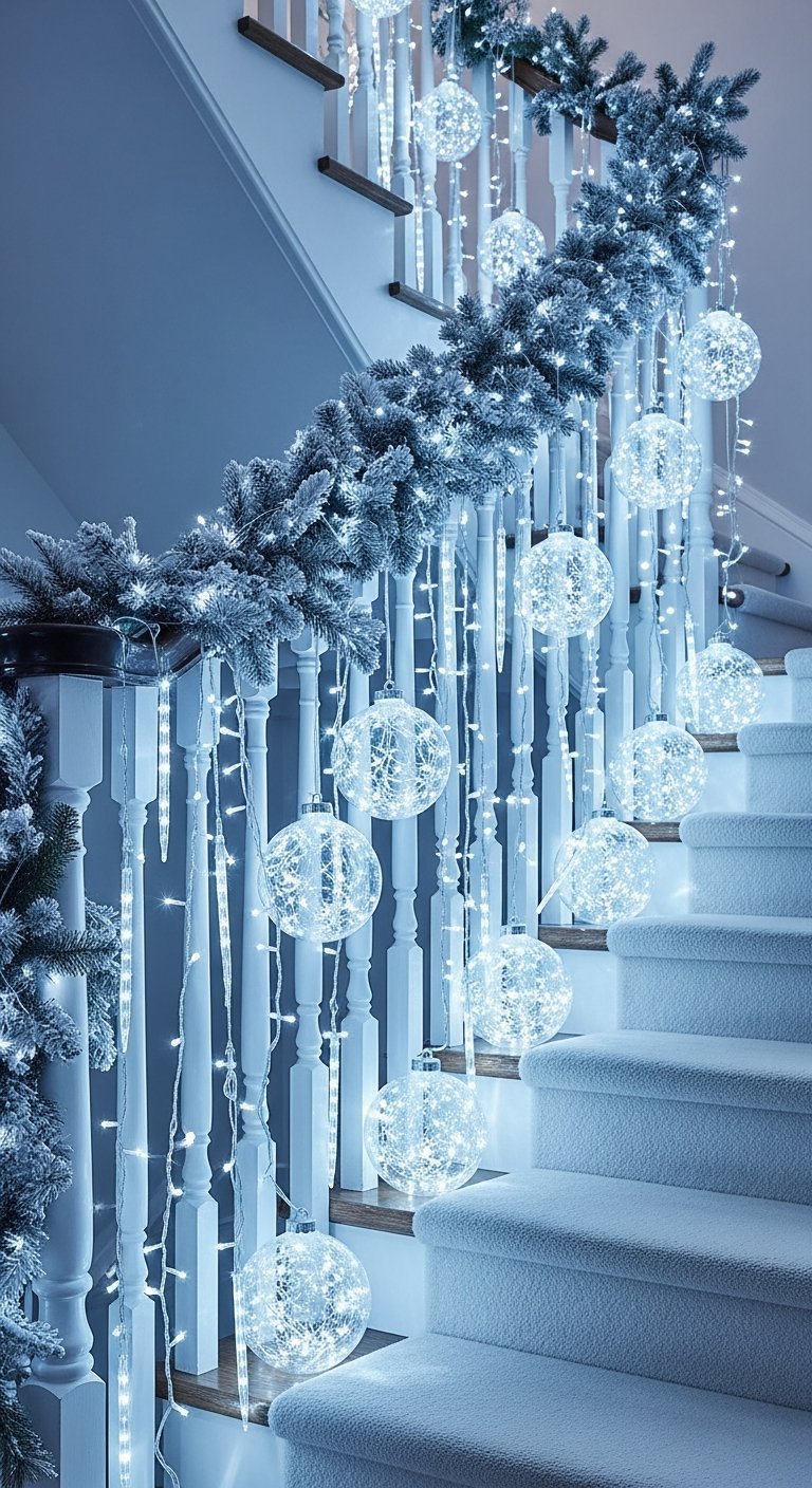 Décoration escalier noël bleu et blanc avec boules lumineuses et stalactites