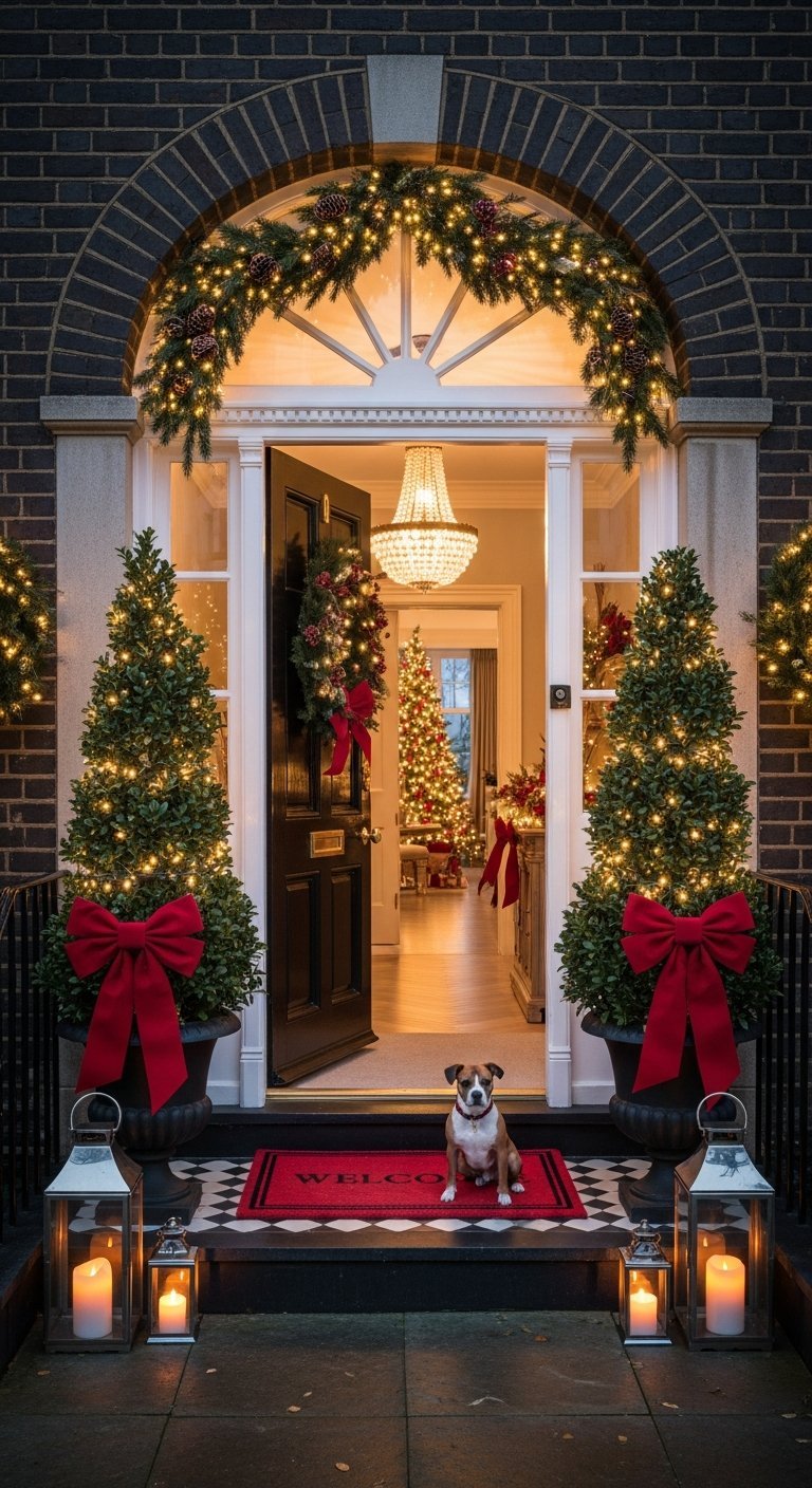 Entrée de maison décorée pour Noël avec guirlande au dessus de la porte et deux grands sapins en pot avec nœuds rouges