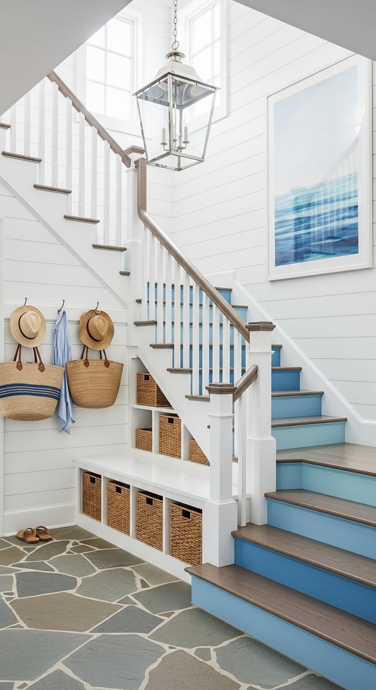 Escalier avec contremarches peintes en dégradé de bleu et marches en bois foncé style bord de mer