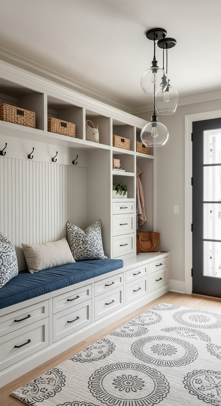 Grand meuble vestiaire blanc integre avec banc a coussin bleu