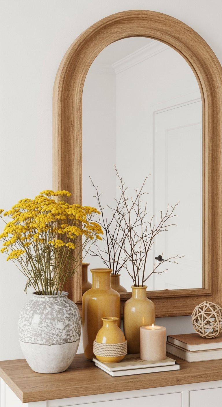 Miroir en arche cadre bois sur une console avec des vases et fleurs jaunes