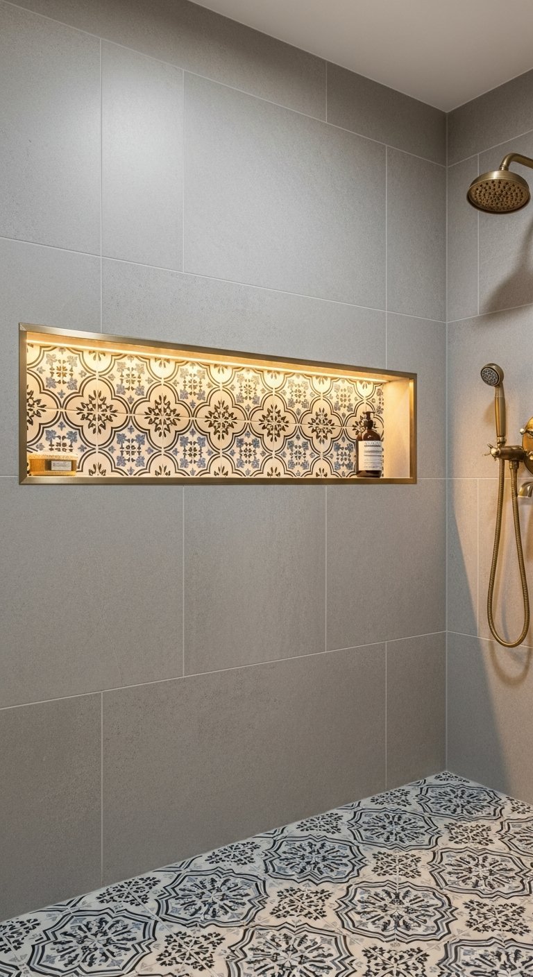 Niche de douche eclairee avec carrelage a motifs bleus et blancs