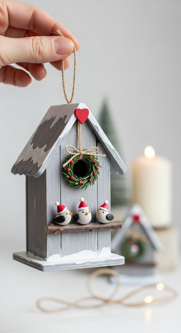 Ornement de nichoir en bois peint bricolage de noel avec petits oiseaux