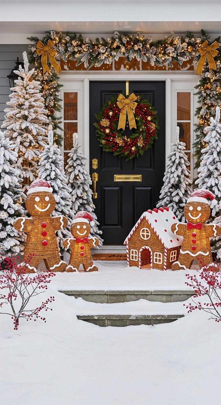 Porche de Noël avec bonshommes en pain d épice lumineux