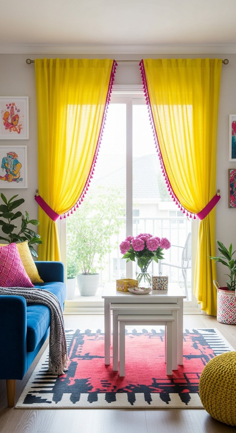 Rideaux de salon jaunes vifs avec bordure a pompons roses